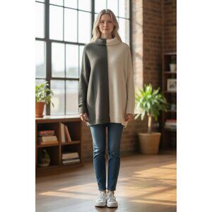 MIOU MUSE Womens Size S Two-Tone Split Knit Top Sweater Black Cream Long Sleeve